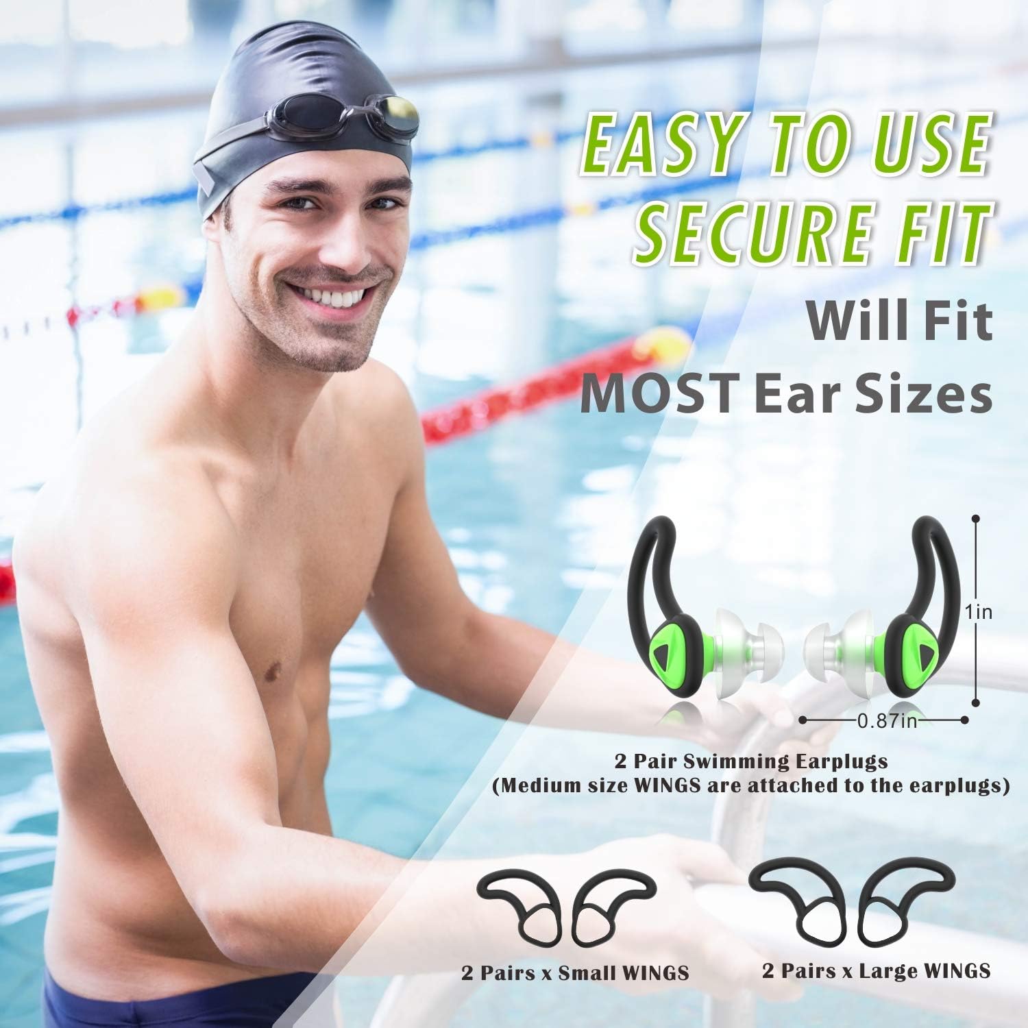 2 Pairs Swimmer Ear Plugs Adults, Hearprotek Upgraded Silicone Custom-fit Water Protection Swimming earplugs for Swimmers Water Pool Shower Bathing and Other Water Sports(Green): Health & Personal Care
