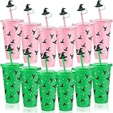 LemonRoad 12 Sets Witch Party Favors Pink and Green Plastic Cups with Lids Straws and Straw Covers 24 oz Reusable Pink Green Plastic Tumblers for Witch and Princess Birthday Party Decorations Supplies