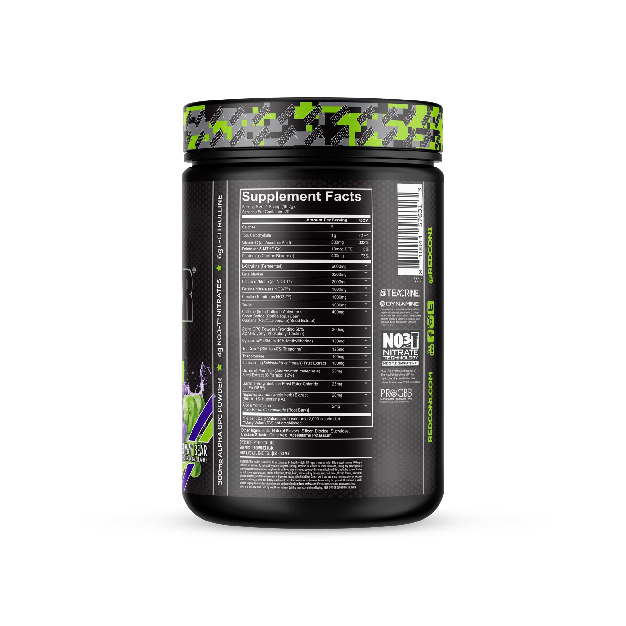 REDCON1 Total War Black Ops Extreme Preworkout Powder, Sour Gummy Bear, High Stimulant, 400 mg Caffeine, NO3-T Nitrates + L-Citrulline, Increase Blood Flow, Muscle Pumps (20 Servings)