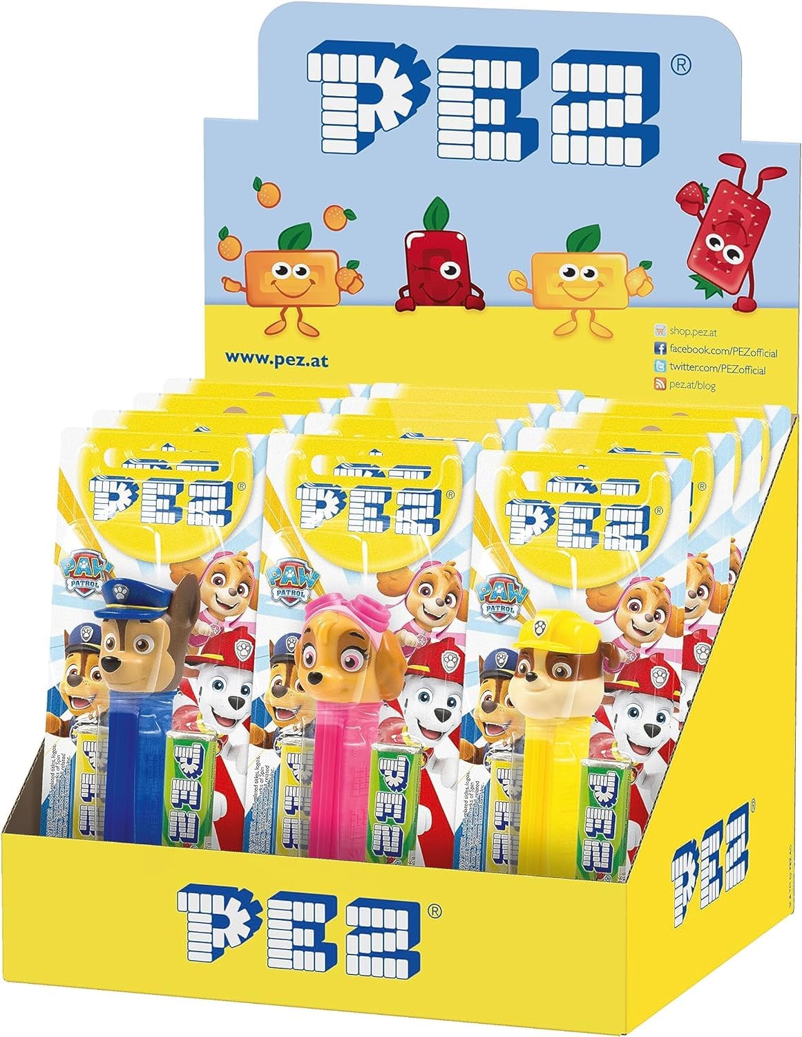 PEZ Paw Patrol Character Sweet Dispensers, Lemon & Apple Flavoured, Multipack of 12 (2 x Refill Pack Per Dispenser)