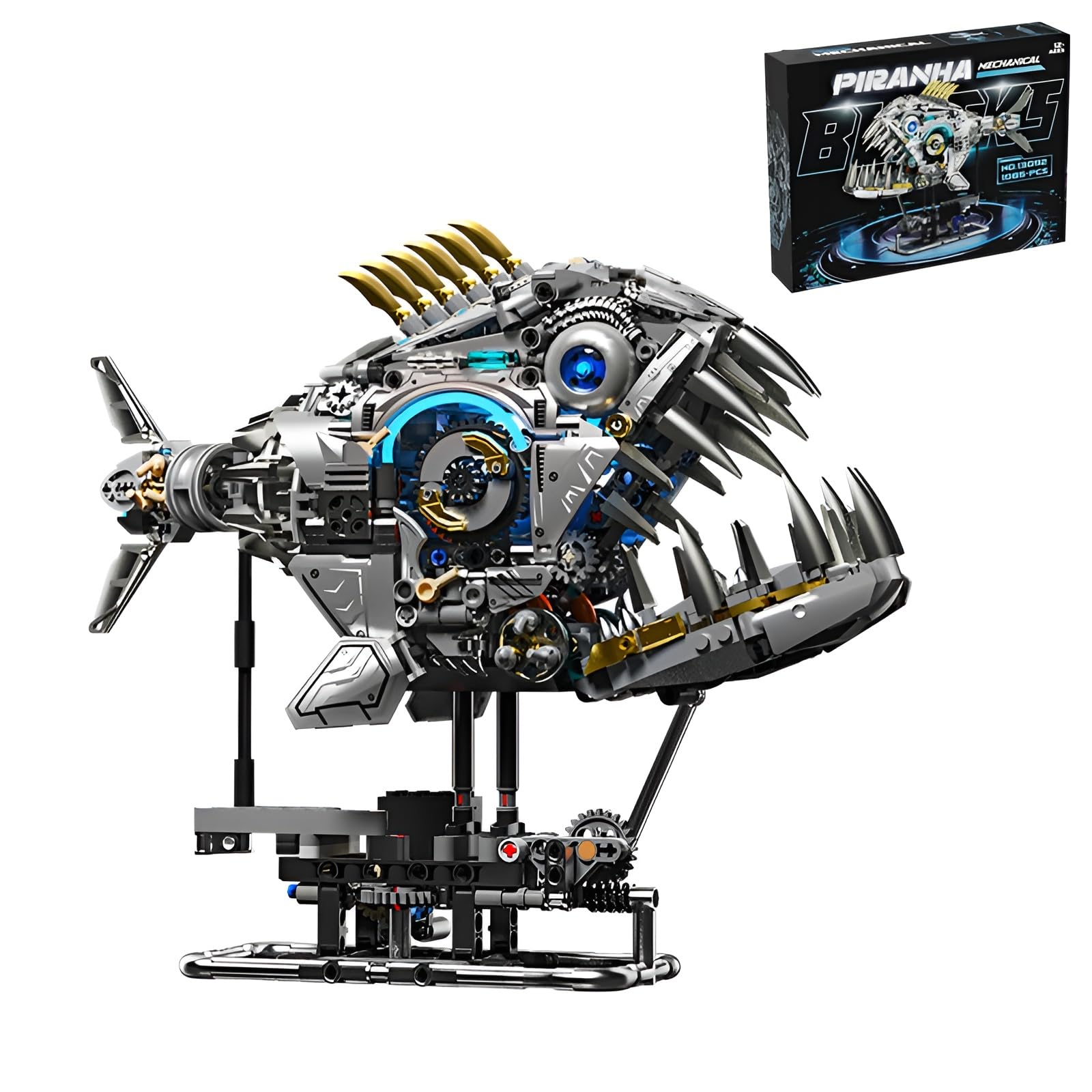Technick Piranha Fish with Base Building Set, 1085 PCS Magic Creature Marine Model Toys, Steampunk Retro Animal Building Bricks Kit, Creative Gift Decor Adults Teens（MJ13092）