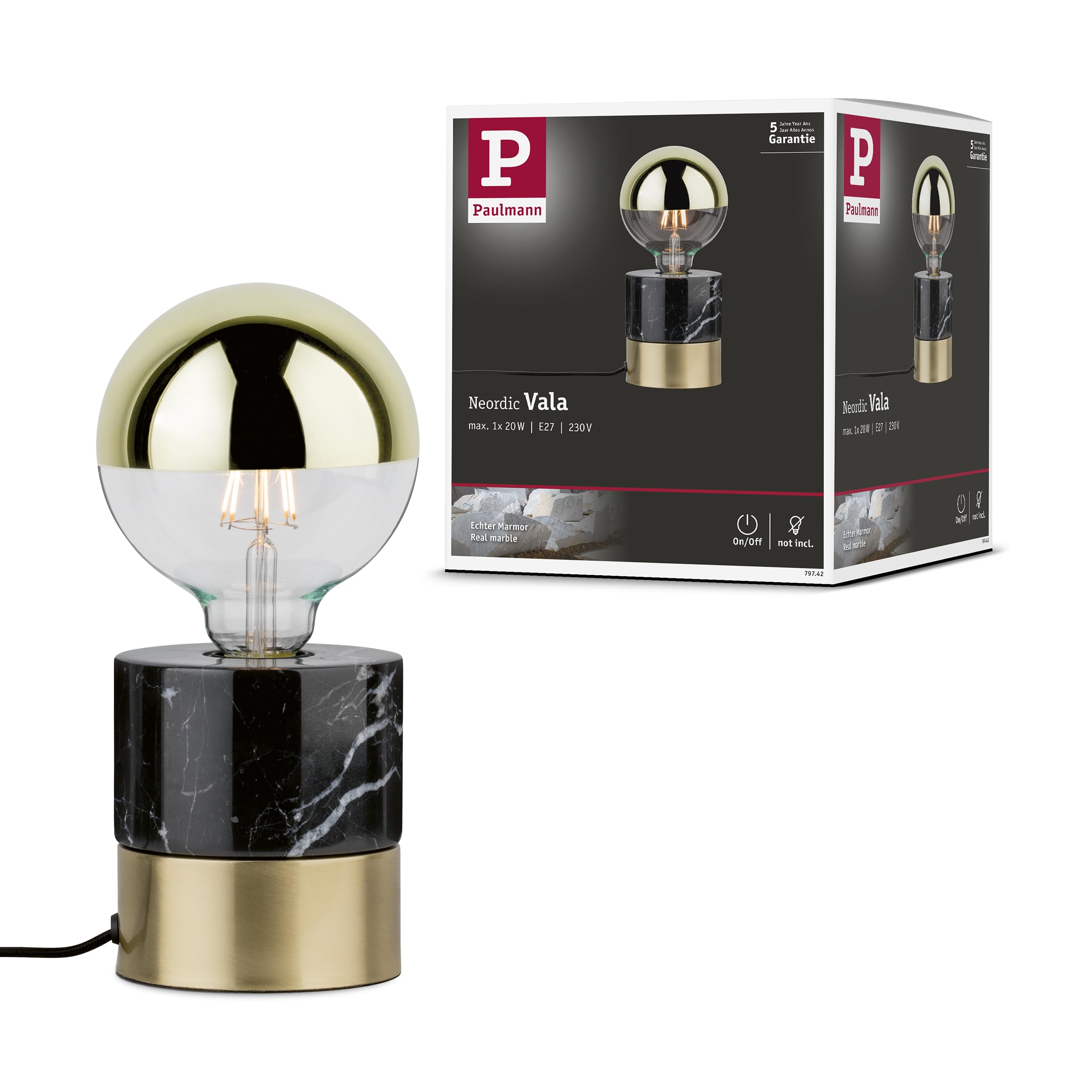 Paulmann 79742 Neordic Vala Table luminaire max. 1x20W Table lamp for E27 Lamps Bedside lamp Brushed Brass/Black 230V Marble Without lamp
