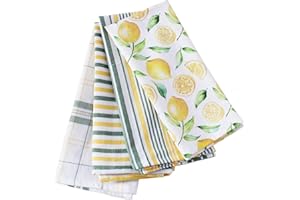 ACCENTHOME Lemon Yellow Printed Cotton Kitchen Towel Set - Absorbent Multi Purpose Kitchen Linen - 4 Drying Dish Hand Towels 