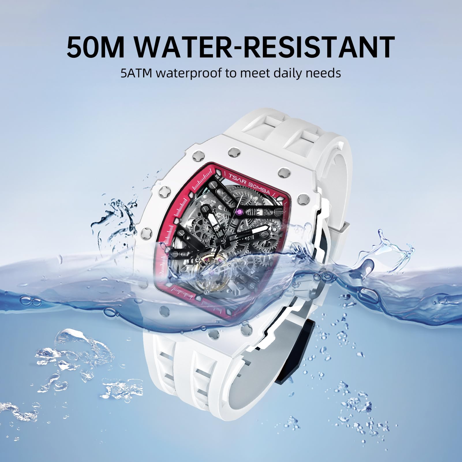 TSAR BOMBA Watch for Men, 50M Waterproof Automatic Mens Watch, Skeleton Mechanical Tonneau Big Face Dial Black Watch with Silicone Watch Bands, Gifts for Men