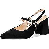TKKUA Women's Pointed Toe Slingback Mary Jane Pumps, 3-Inch Block Heel | Work Dress Shoes with Adjustable Buckle Strap for Weddings, Parties, Proms, Office Wear, and Formal Events