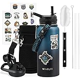 WixByti 32 oz Insulated Water Bottle with Straw (Cold for 48 Hrs), Stainless Steel Triple Wall Vacuum Sports Water Jug, Leakproof Hydro Cup Flask with Paracord Handle & Straw Spout Lids & DIY Stickers
