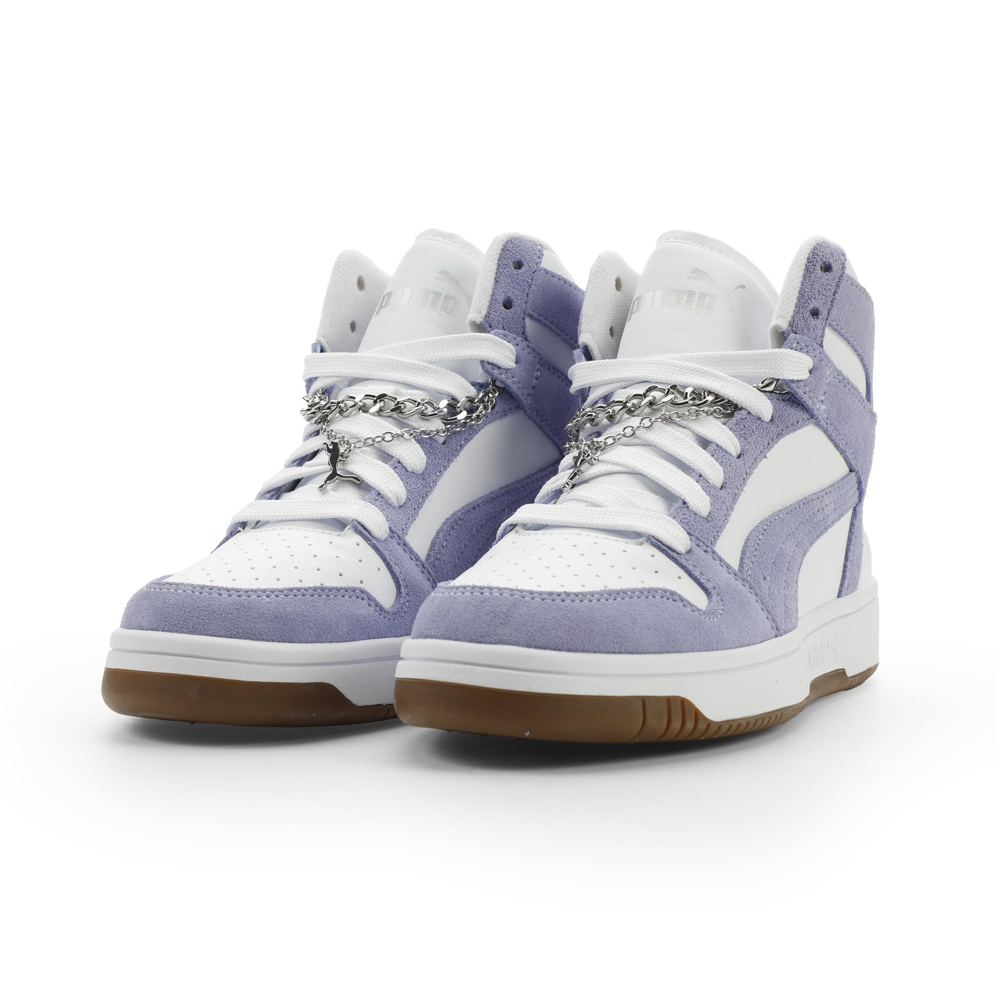 PUMA Women's Rebound Layup Mid Shoes, White-Intense Lavender- Silver SS26, 7.5 Puma Rebound Layup Spring Bling WNS Image