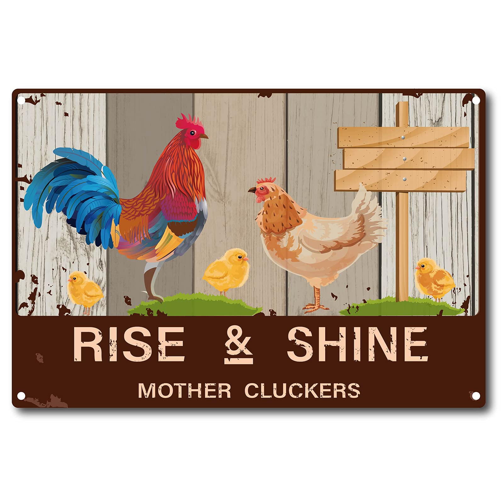 CREATCABIN Rise and Shine Mother Metal Tin Sign Cluckers Chicker Chicken Eggs Funny Hen Rooster Bathroom Quote Vintage Sign for Farm Farmhouse Home Kitchen Cafe Wall Deocr, 8 x 12 Inch — image 1