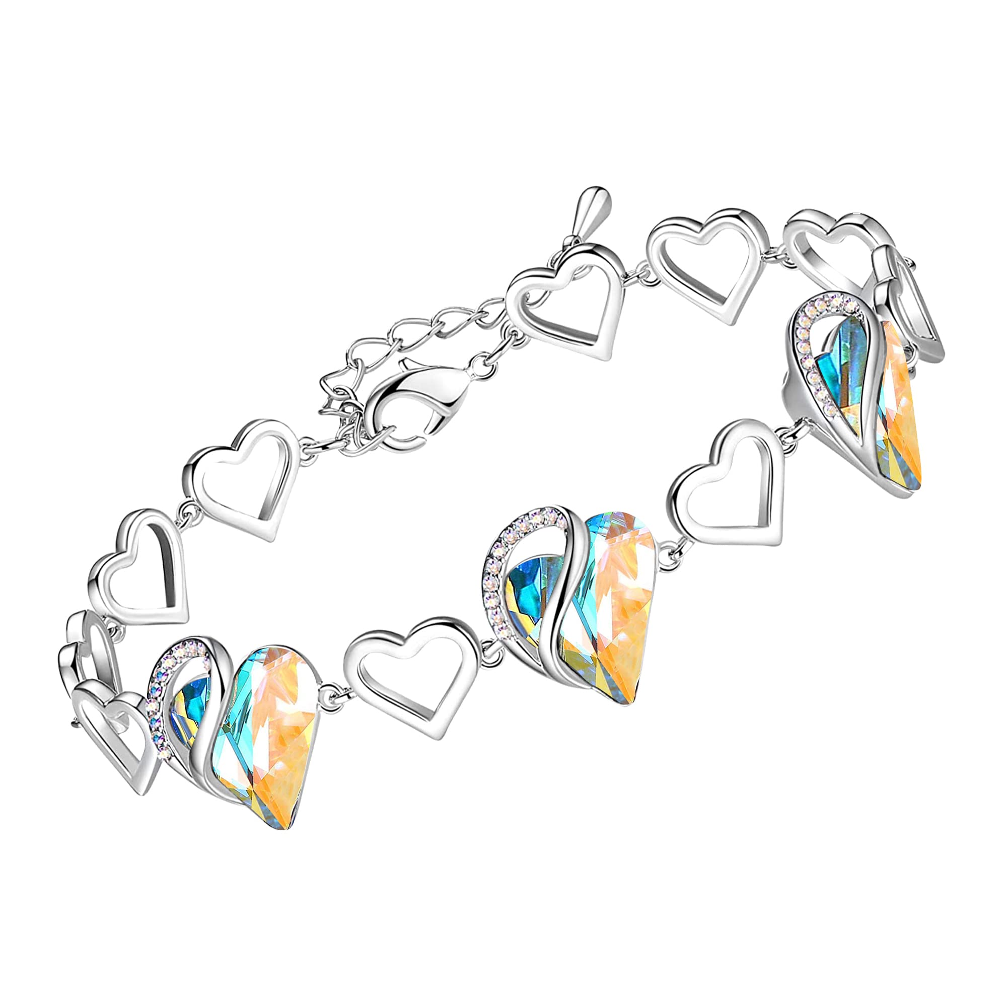 Leafael Infinity Love Heart Bracelet, Birthstone Bracelets for Women with Healing Stones, Allergy-Free Jewellery for Women with Gift Box, Silver-Tone Link Charm, 18 cm Chain with 5 cm Extender