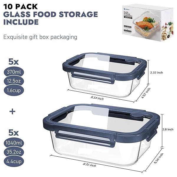 BOROHOUSE 10-PACK GLASS FOOD STORAGE CONTAINERS WITH TEMPERED LIDS – BOROSILICATE, AIRTIGHT, OVEN-SAFE (-4°F~950°F), BPA-FREE, 4.4 & 1.6 CUP, LEAK-PROOF, DISHWASHER SAFE (BLUE)