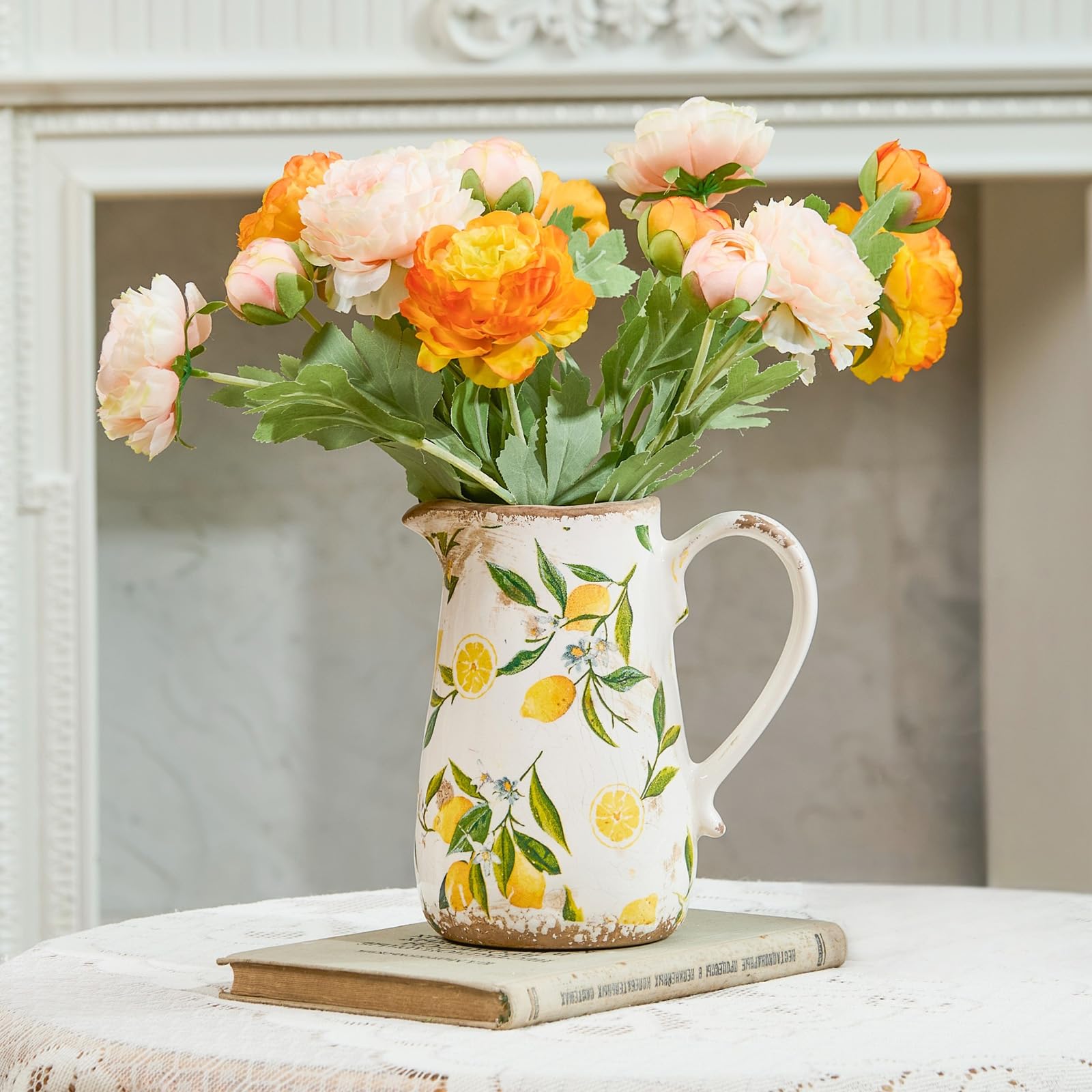 Photo 1 of Vintage Lemon Ceramic Vase with Handle, Retro Ice Glazed Crack Farmhouse Pitcher Vase for Home Decor, Living Room, Shelf, Office, Rustic Table Centerpiece 7 Inch