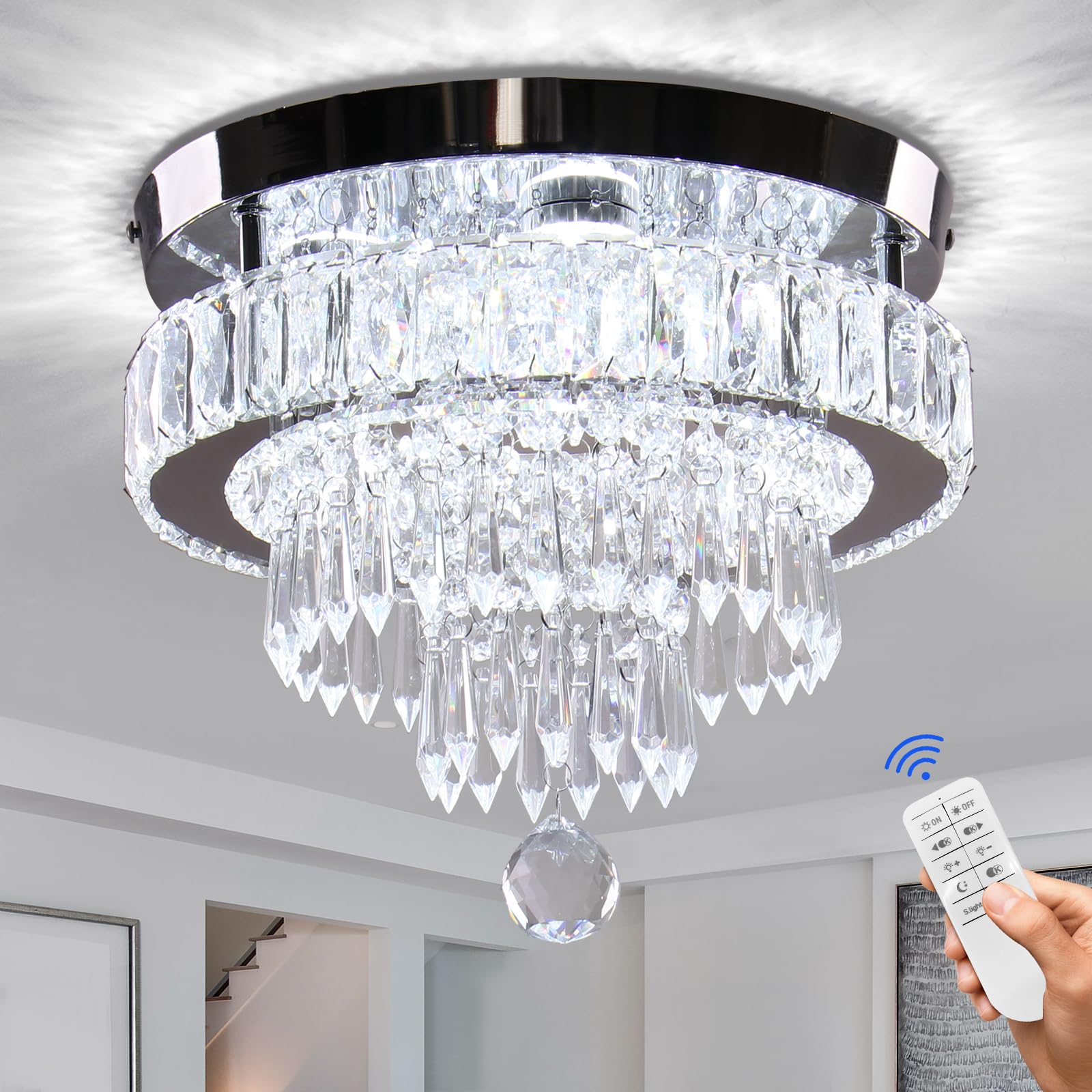 Photo 1 of Finktonglan 11.8" Dimmable LED Modern Crystal Ceiling Light, Flush Mount Chandelier with 3 Light Colors, Remote Control for Bedrooms, Living Room, Hallway