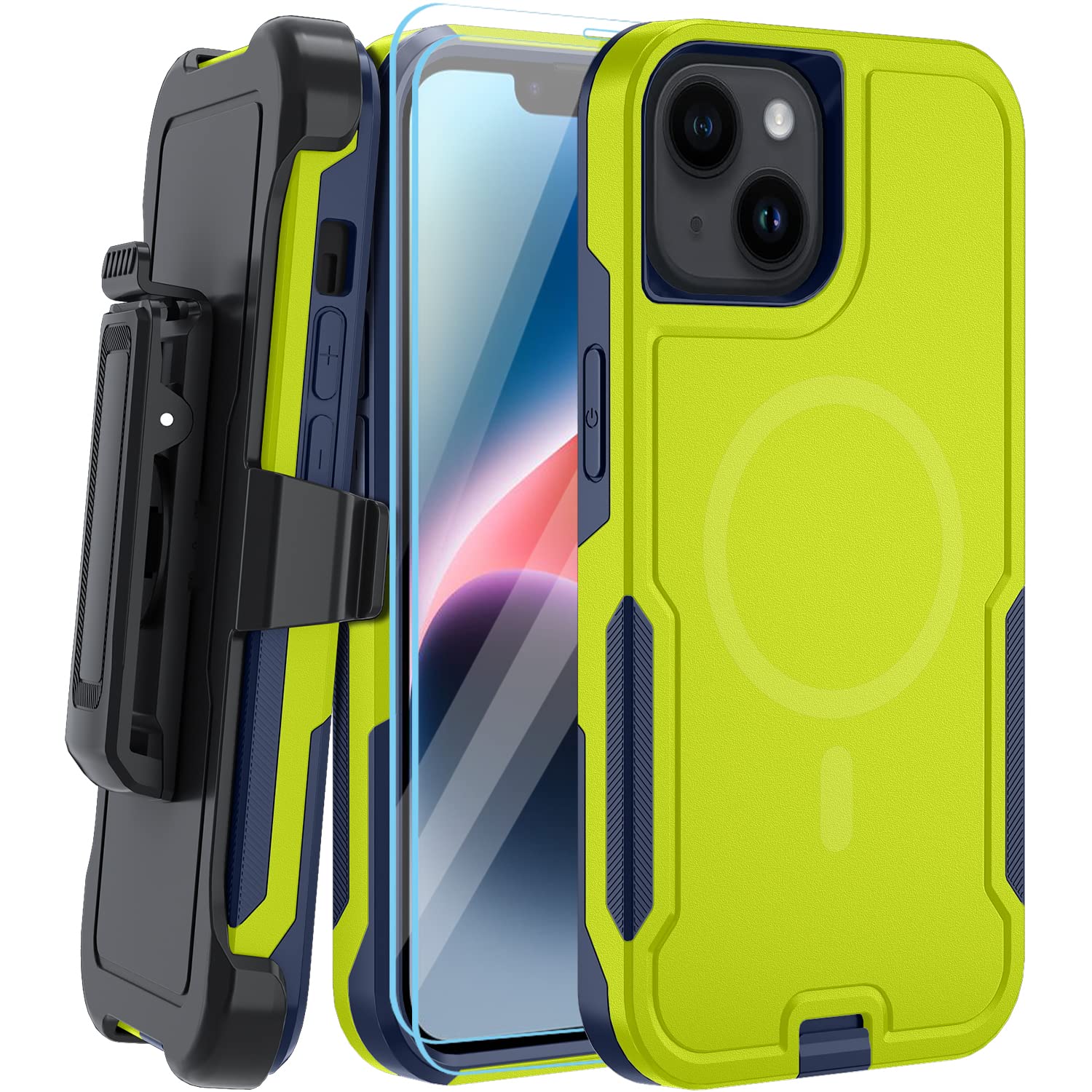 Photo 1 of MUITQ 5-in-1 Magnetic Case for iPhone 13/14, Heavy Duty with Tempered Glass Screen Protector (2 Pcs), Belt Clip Holster (Green)