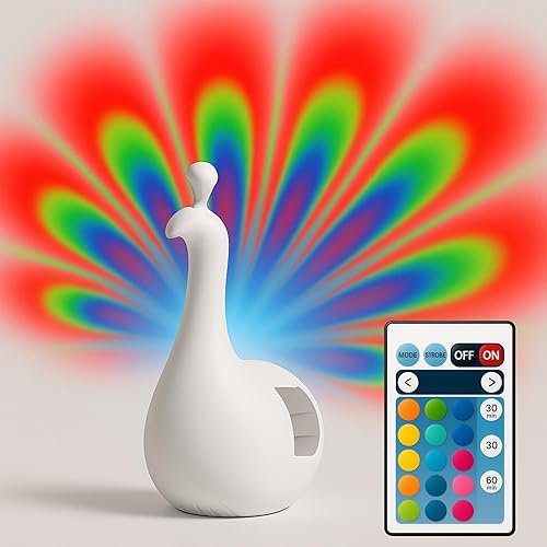 Peacock Projection Lamp with Remote Control – 7 Colour LED Wall Night Light, USB Rechargeable Mood Lamp for Bedroom, Living Room, Office – Easy Install, Timer Function, Ambient Home Decor Light