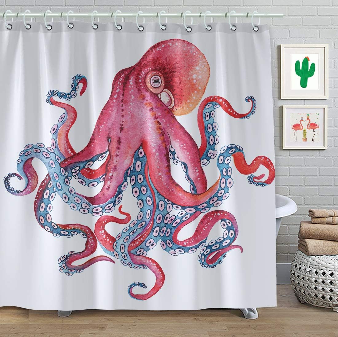 Amazon Com Faitove Unique Pink Blue Octopus Shower Curtain Nautical Ocean Animal Kraken Polyester Fabric Waterproof Bathroom Decor With Hooks 60 W X 72 L Home Kitchen