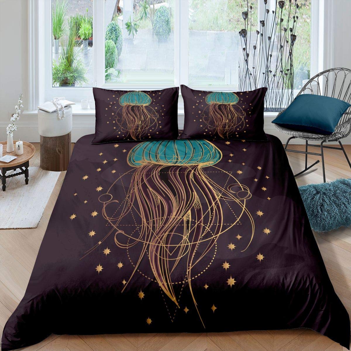 Homemissing Geometric Stripe Bedding Set for Girls Boys Jellyfish Comforter Coverative Ocean Creature Marine life Sealife Duvet Cover Aquatic Animal Purple Bedding & Linen Double