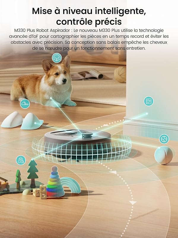 M330 Plus Robot Aspirateur Laveur Serpillière, 3en1, 5000Pa, Anti-emmêlement, Navigation LiDAR Précise, Zone Interdite Intelligente, Nettoyage Personnalisé, Idéal Sols Durs Tapis, APP/Alexa