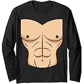 Halloween Muscle Torso Funny Bare Chest Design, Fake Abs Long Sleeve T-Shirt