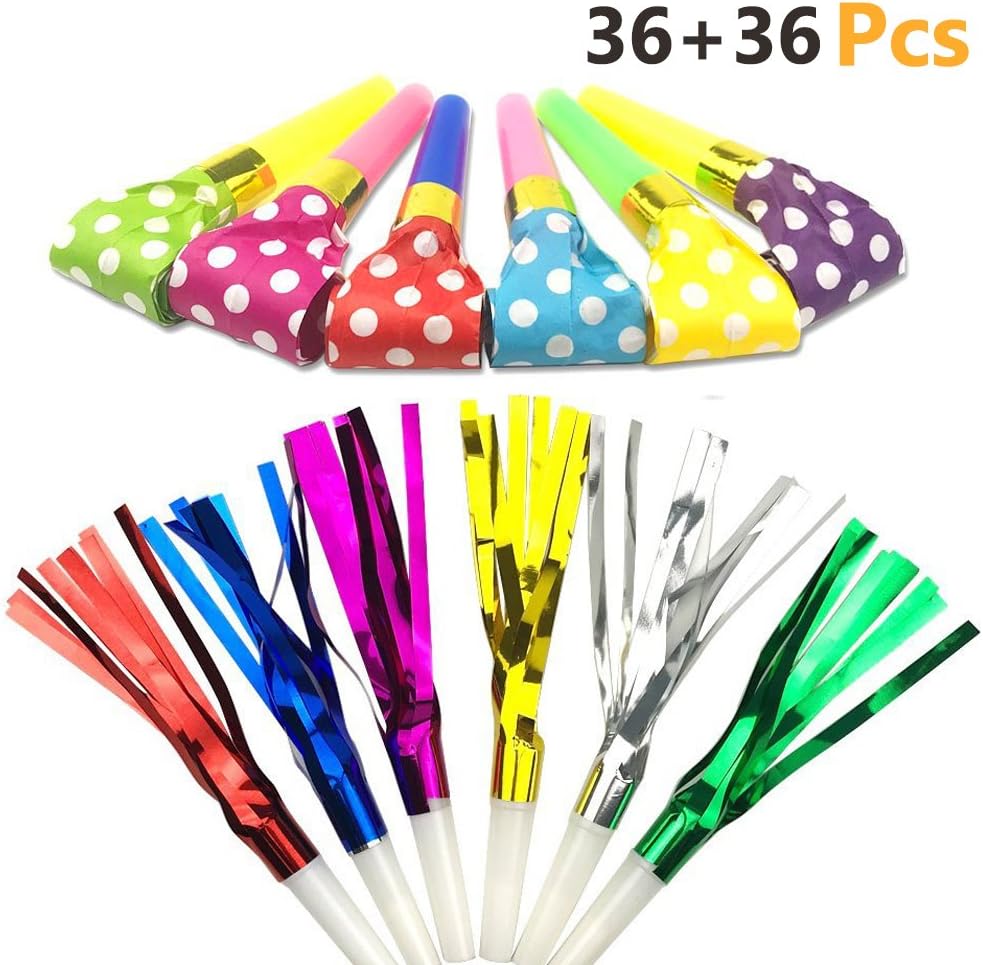 HEHALI 72pcs 2 Kinds of Musical Blowouts, Colorful Paper Noisemaker and Glitter Fringed Metallic Blow Outs Whistles for Party