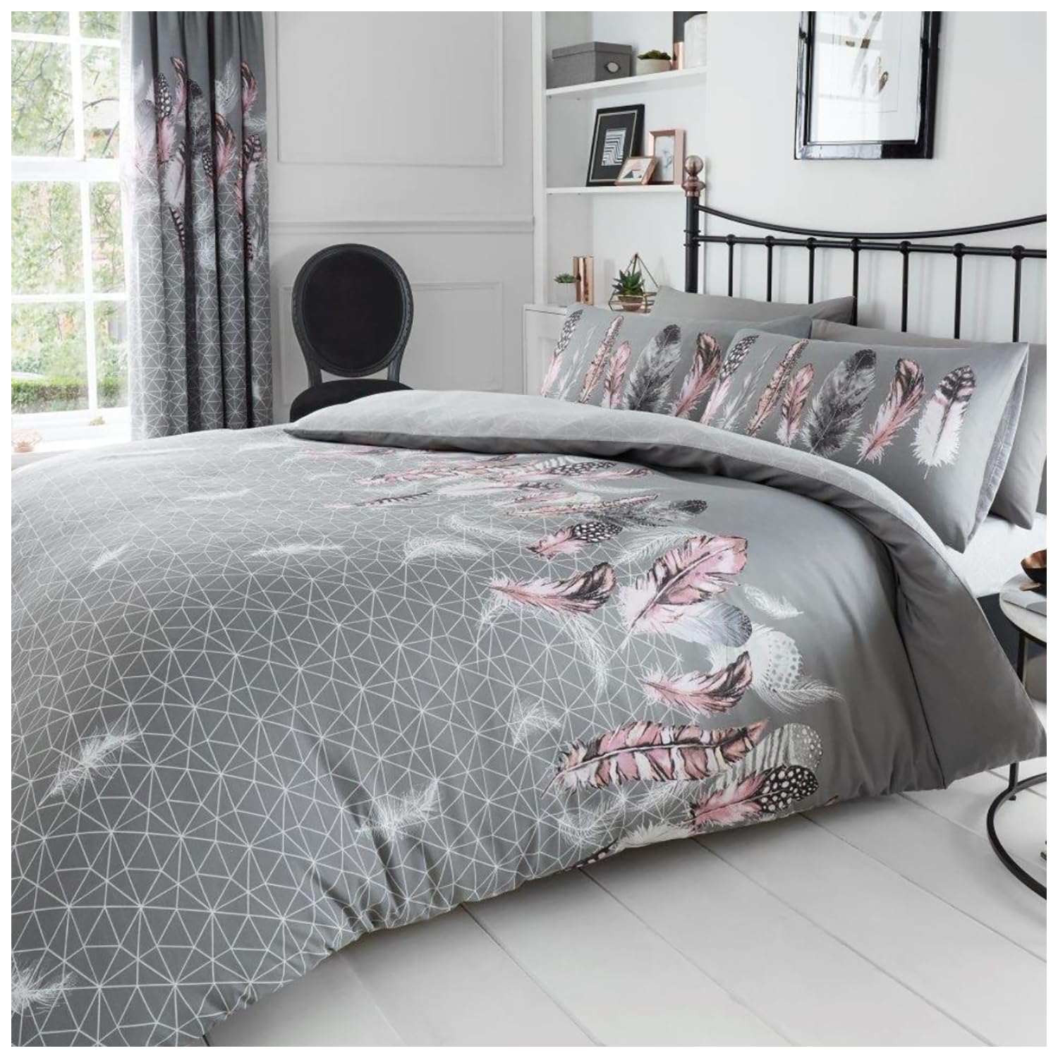 GC GAVENO CAVAILIA Feather Bedding Set, Printed Duvet Cover King Size, Comfy Breathable Quilt Cover, Grey