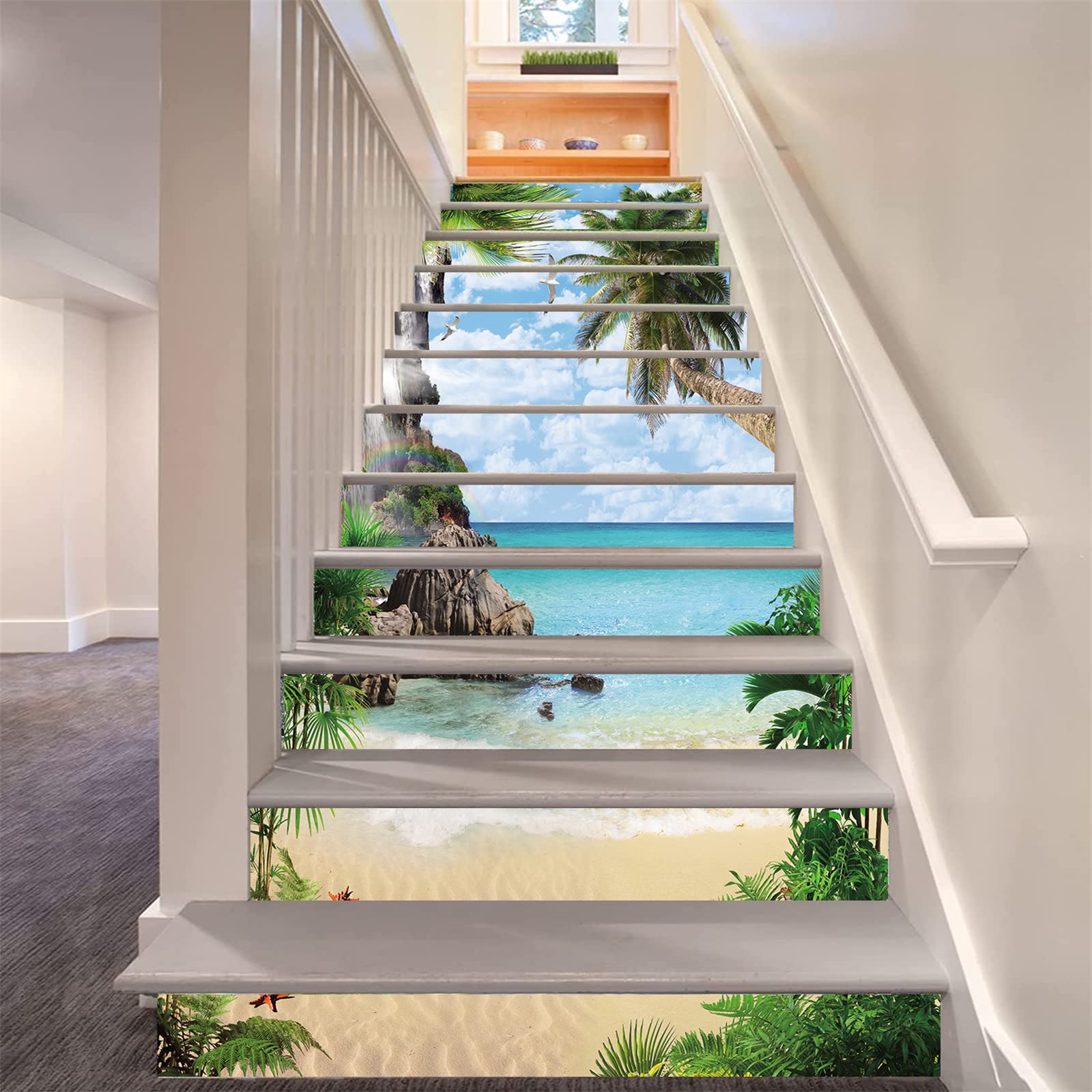 FLFK 13Pcs Stair Risers Stickers Peel and Sick 39.37"x7.08", Vinyl Staircase Stickers Decals, Summer Palm Tree Beach Mural Wallpaper for Stair Steps