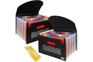 CASAON 2 Pack Accordian File Organizer, Expanding File Folder 24 Pockets with Expandable Cover A4 Letter Size File Box, Portable Document Organizer - Black