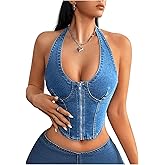 MakeMeChic Women's Denim Vest Top Halter Sleeveless Open Back Jean Crop Corset Tops