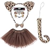 Cheetah Costume Set Leopard Ears Headband Tail Bowtie Tutu Skirt and Leopard Face Stickers for Halloween Animals Cosplay Set