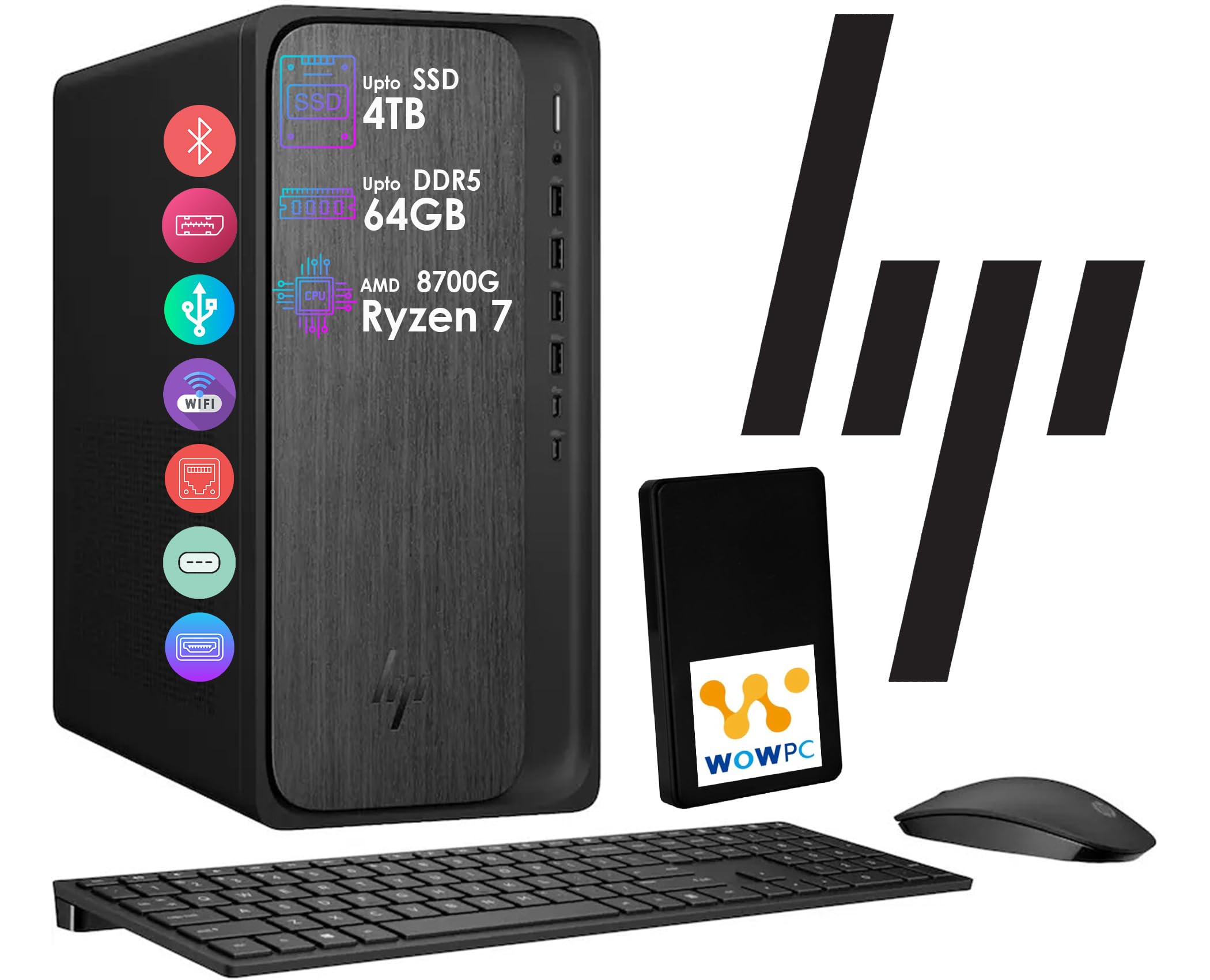 HP OmniDesk AI PC Desktop, 16 NPU Tops, Ryzen 7-8700G CPU (5.1GHz), 16GB DDR5 RAM, 1TB Storage (512GB PCIe SSD & 512 External Drive), Wi-Fi 6, Dual Monitor Support, Windows 11, Wireless KB & Mouse