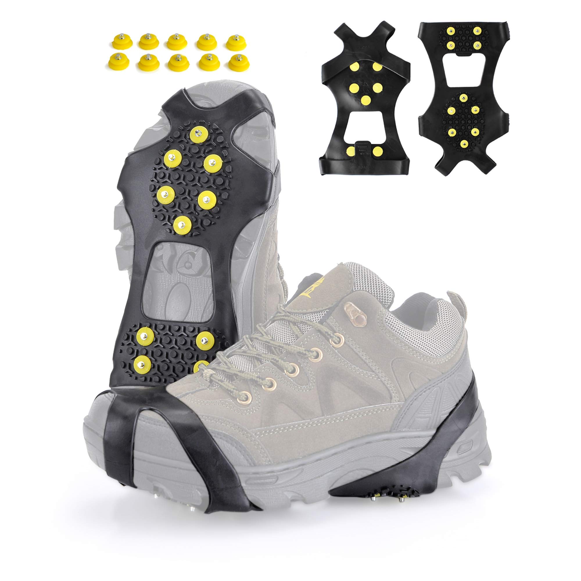 XZSUN Ice cleats，Snow Ice Traction Shoe Boot Cleats， Anti Slip 10-Studs Silicone Rubber Crampons with 10 Extra Studs for Footwear(XL, Black)