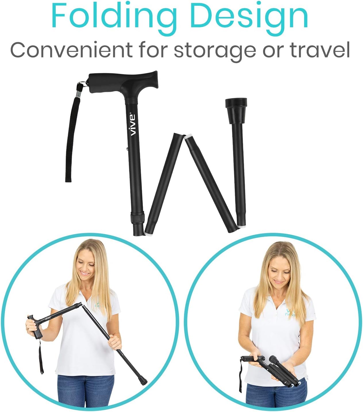 Vive Folding Cane - Foldable Walking Cane for Men, Women - Fold-up, Collapsible, Lightweight, Adjustable, Portable Hand Walking Stick - Balancing Mobility Aid - Sleek, Comfortable T Handles (Black): Health & Personal Care