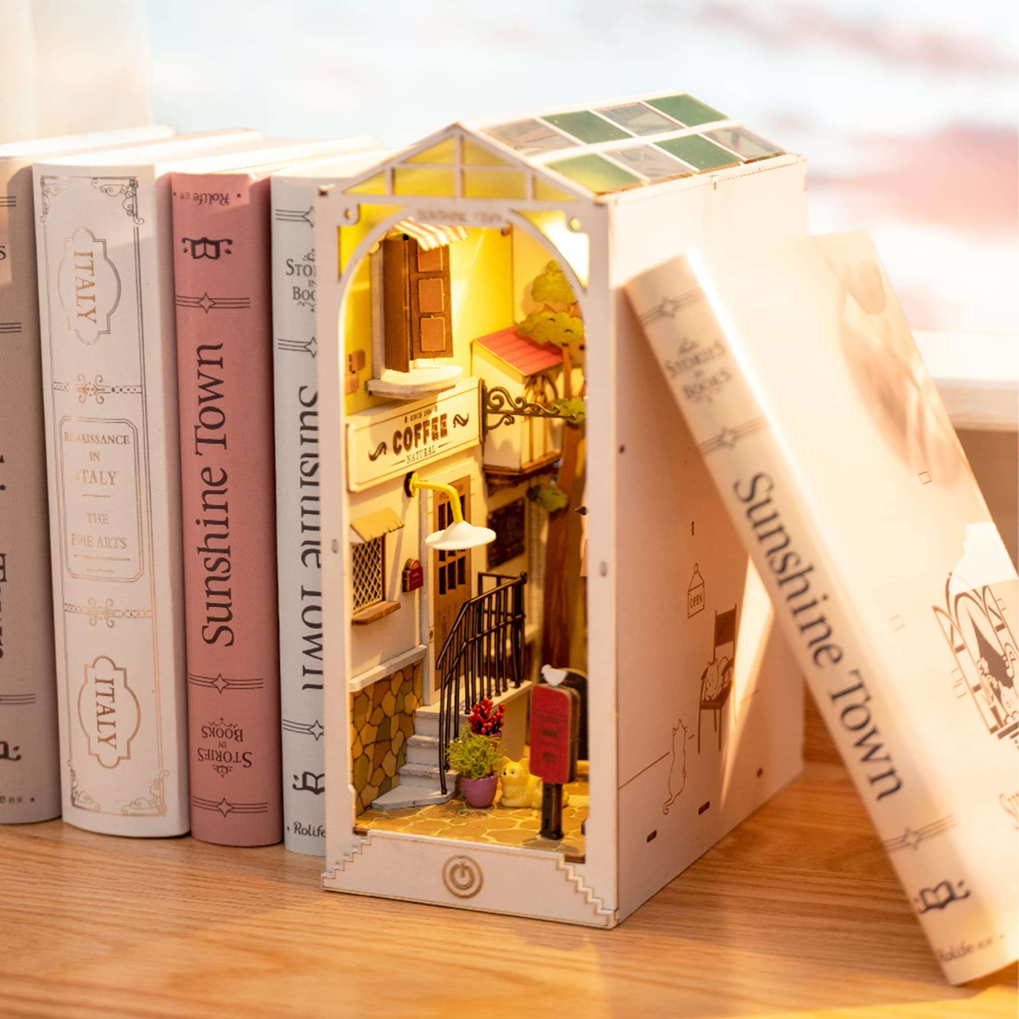 Hands Craft DIY Book Nook Kit – Sunshine Town Miniature House Dollhouse LED Lights Booknook Bookshelf Insert Laser Cut Wooden Puzzle 3D Bookends Book Stand Decor TGB02