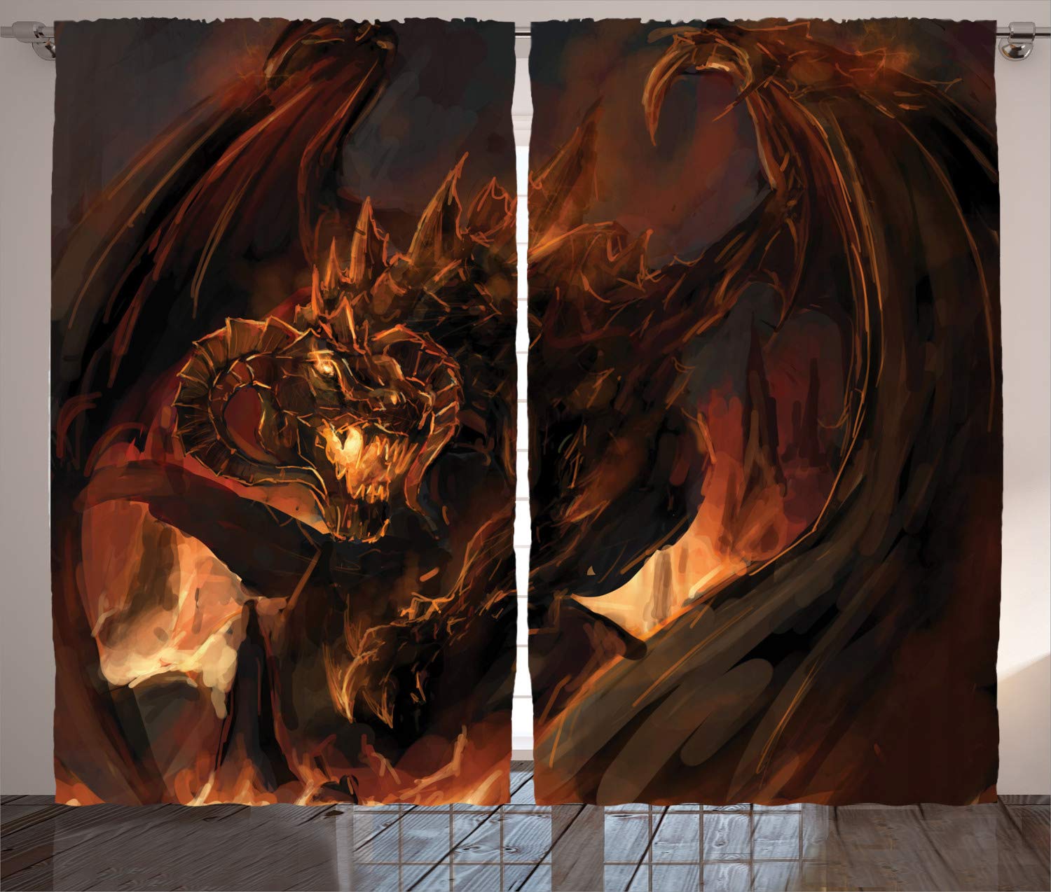 ABAKUHAUS Dragon Curtains, Demonic Angry Molten Dragon with Horns Burning in Flames Imaginary Inferno Beast, Living Room Bedroom Window Drapes 2 Panel Set, 280 x 245 cm, Yellow Brown