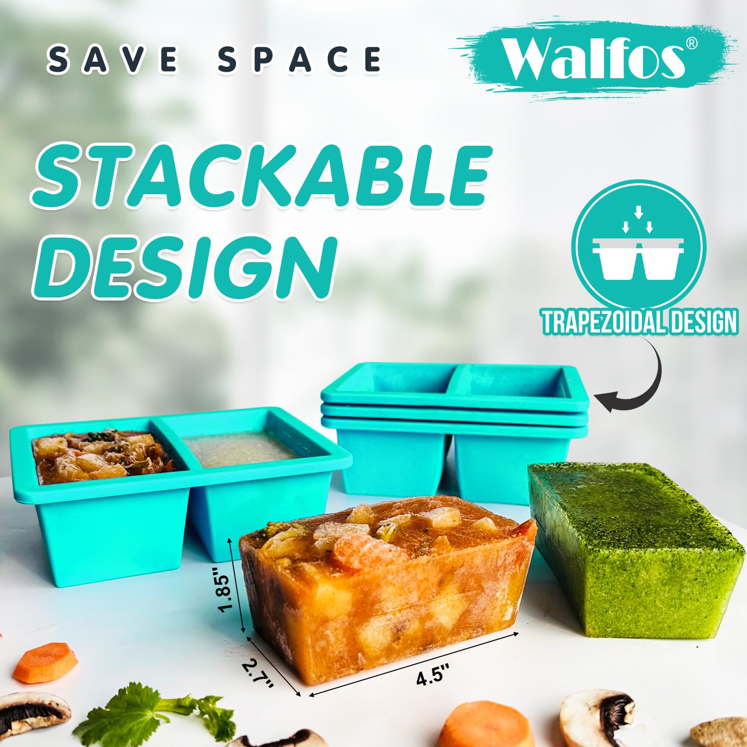 Walfos 1-Cup Silicone Freezer Molds with Lid, 4 Packs Soup Freezer Ice Cube Tray For Food, Silicone Food Freezing Container For Storing and Freezing Soup, Broth, Sauce and Ice.