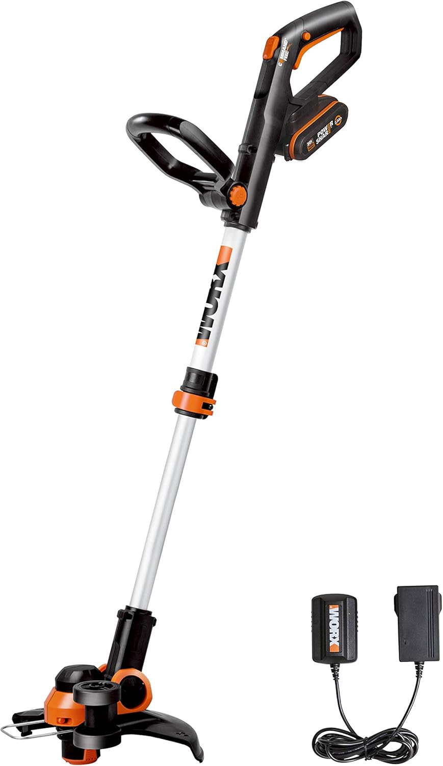 WORX WG163E.1 20V Akku-Rasentrimmer –​​ Inkl. Li-Ion Akku, Ladestation, Spule, Sicherheitsschutz und Rad zum Kantenschneiden