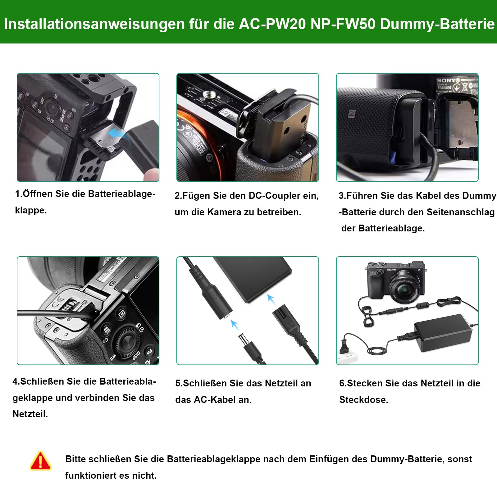 Gonine AC-PW20 Netzteil NP-FW50 Dummy Akku Kit für Sony Alpha ZV-E10 A7 A7R A7S A7II A7RII A7SII A6500 A6400 A6300 A6100 A6000 A5100 A5000 RX10 II III IV NEX-3 NEX-5 NEX-7 4