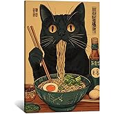 Vintage Black Cat Eating Ramen Wall Art - Retro Japanese Cat Canvas Poster, Quirky Noodle Lover Gift, Cat Prints for Living Room Bedroom Kitchen Wall Decor 16x24in Framed