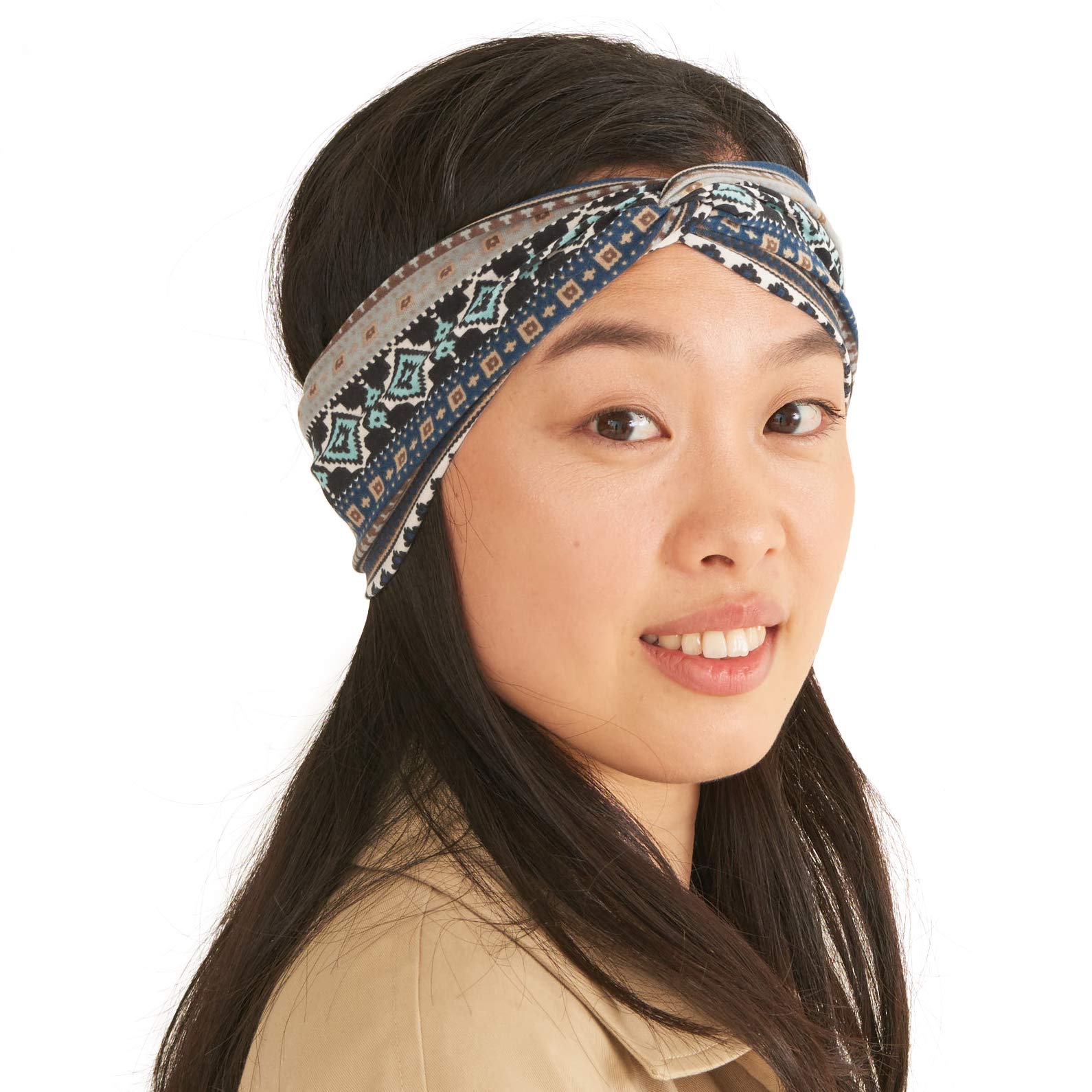 Boho Turban Headbands for Women - Cotton Stretchy Head Wraps Criss Cross Twist Hair Band Bohemian Ottoman Print Hairband Navy