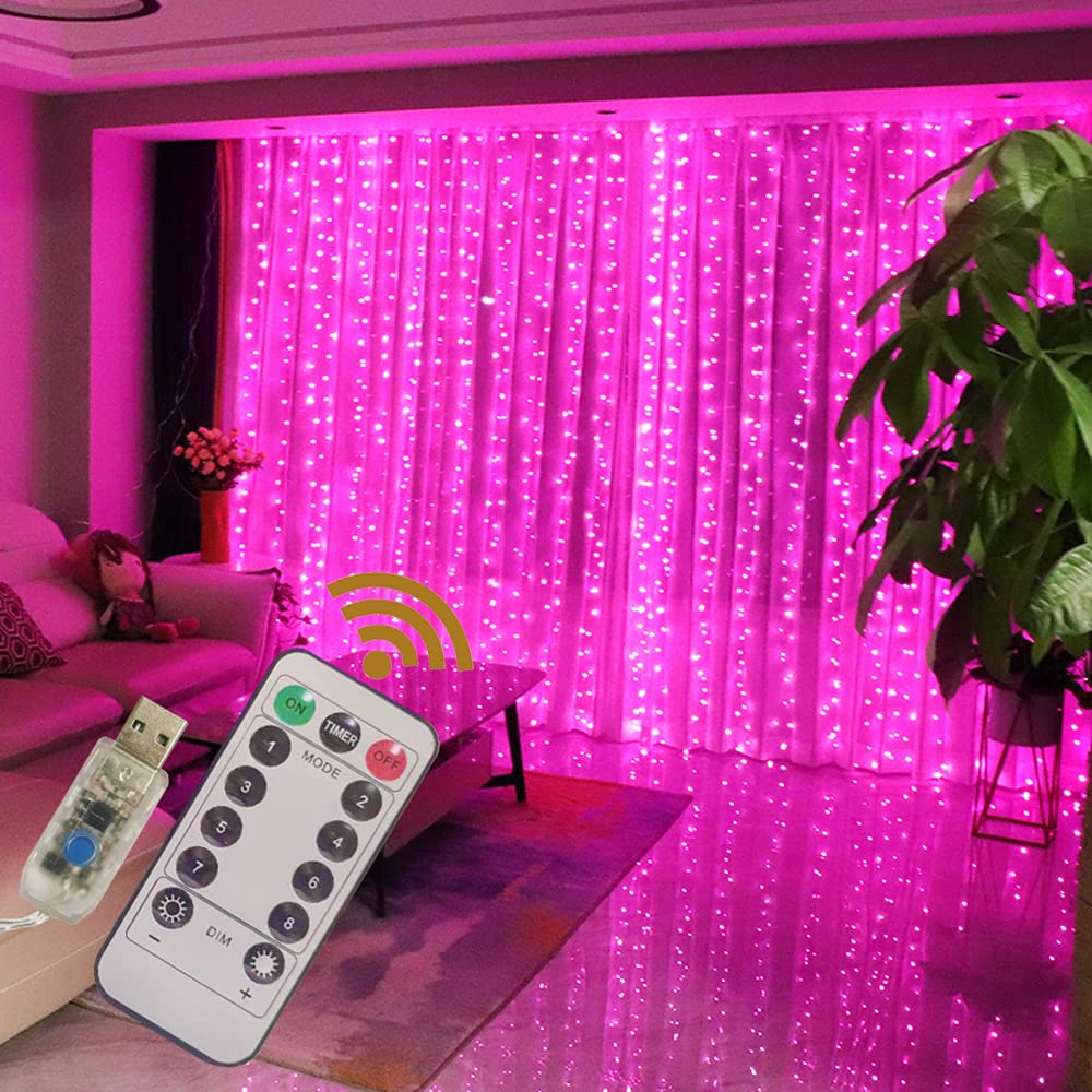 GUOCHENG Copper String Curtain Lights 3mx3m Curtain Fairy Lights USB Powered Window Light Strings with Remote Control for Home Bedroom Patio Wedding, Indoor Outdoor Decorations-Pink
