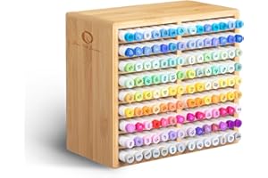 Ohuhu Bamboo Marker Organizer, Wooden Desktop Storage Hold 126 Markers, Pens, Pencils, Art Brushes Stationary Organizer Pencil Holder with 18 Compartments for Home, Classroom, Office Decor