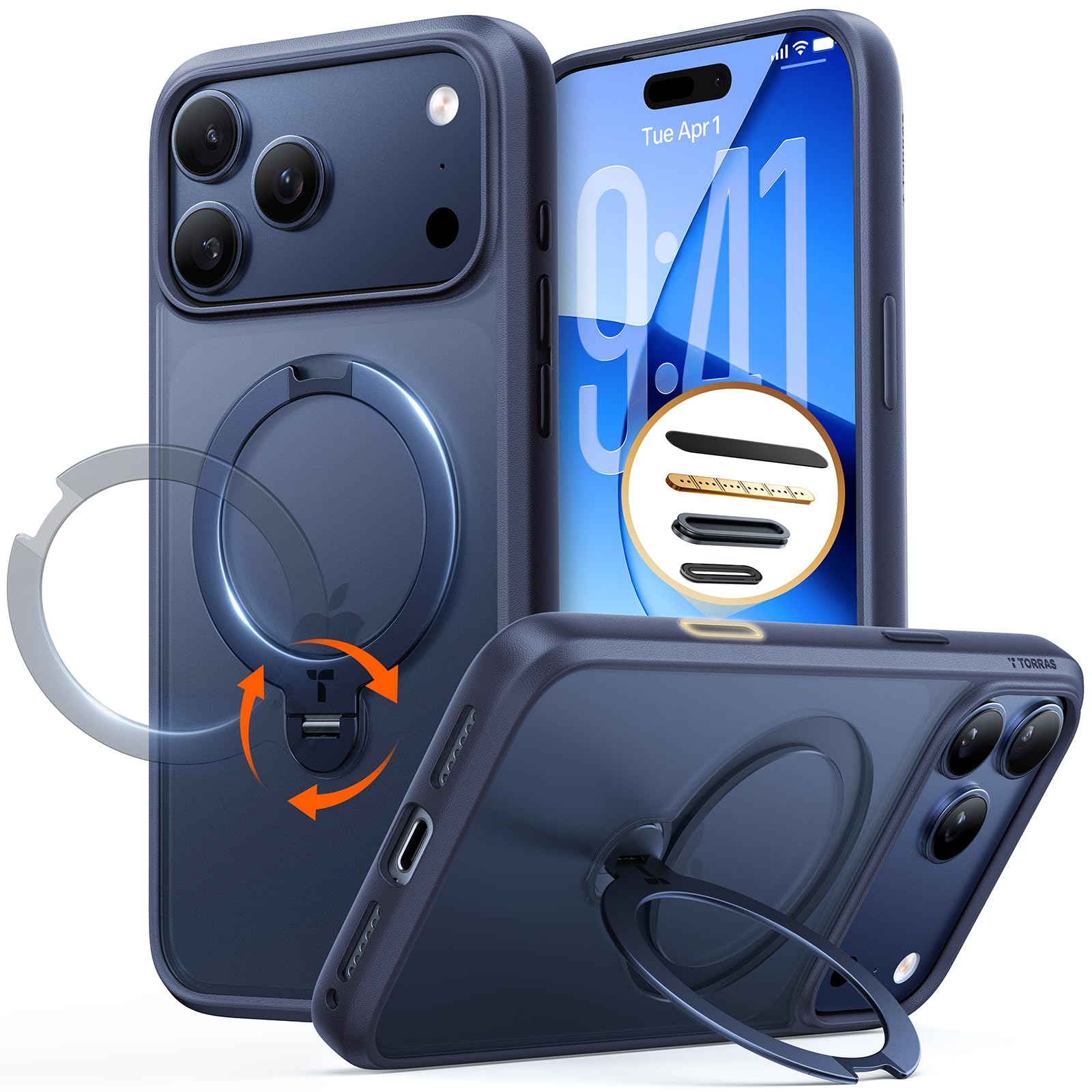 Photo 1 of TORRAS Q3 Spin for iPhone 17 Pro Case, Patented 360 Magnetic Stand, Fit for MagSafe, Built-in Ring Holder Kickstand, Military Grade Protective Phone Case for iPhone 17 Pro, Camera Control, Deep Blue