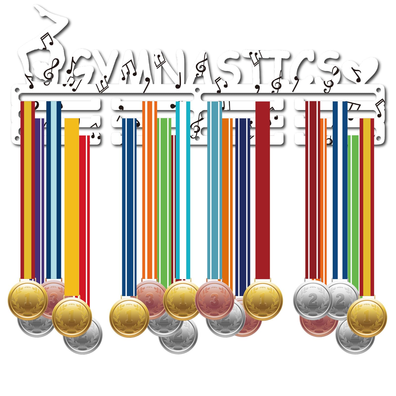 CREATCABIN Gymnastics Medals Hanger Display Medals Holder Rack White Metal Shelf Hanger Organizer Medal Stand Frame Wall Mounted with 3-Line Hanging for Over 40 Medals Award Ribbon 15.7x6Inch