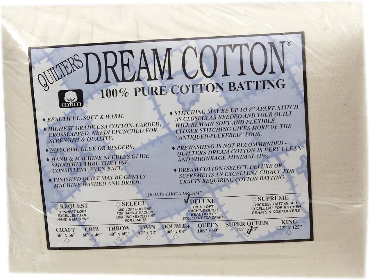 Quilters Dream Natural Cotton Deluxe Batting (121in x 93in) Super Queen
