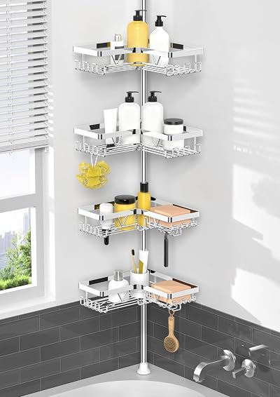 KEGII Chrome Telescopic Shower Caddy Corner 4 Tier Adjustable Stainless Steel