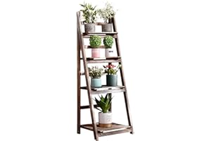 ACEHOME 4 Tier Ladder Bookshelf, 45.7 Inch Home Office Bookcase, Industrial Ladder Shelf, Freestanding Storage Organizer Rack, Solid Wood Shelf with for Bedroom, Living Room, Home Office-Brown