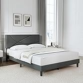 Novilla Queen Size Bed Frame Upholstered Platform Bed with Adjustable Headboard, Queen Bed Frame Upholstered Platform with Strong Wooden Slats, Easy Assembly, Dark Grey