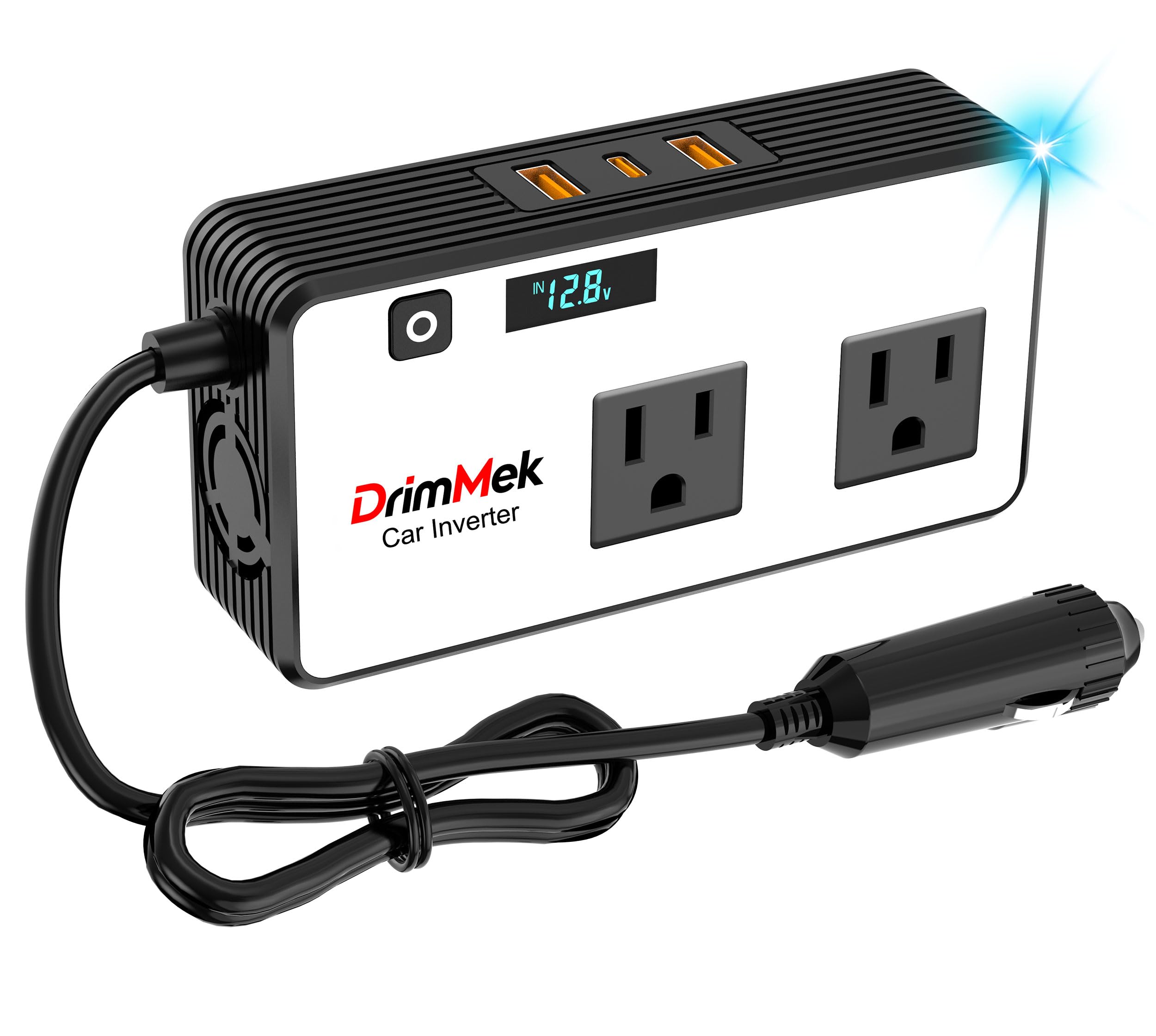 Photo 1 of DrimMek 200W Car Power Inverter, Car Plug Adapter Outlet 12V to 110V Converter with 24W USB Fast Charging Port, Dual AC Outlet for Laptop, Vehicles, Camping (LED Display)