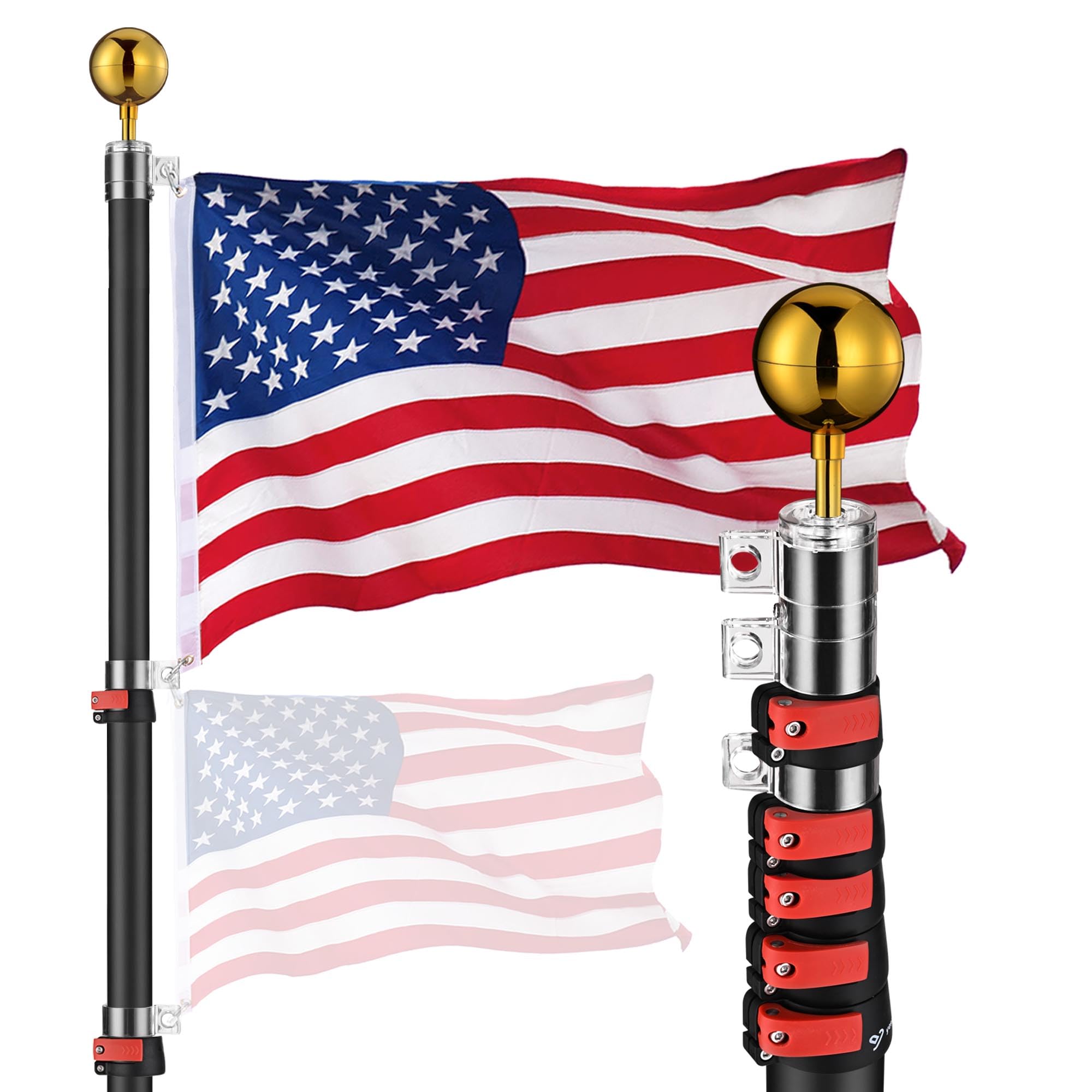 Photo 1 of Yescom EZ GO 20ft Telescopic Flag Pole Kit Upgrade Rotating Lock Aluminum Flagpole Set for Outside House Inground Outdoor Camper RV Tailgate Residential Commercial with 3x5' US Flag Ball Top, Black
