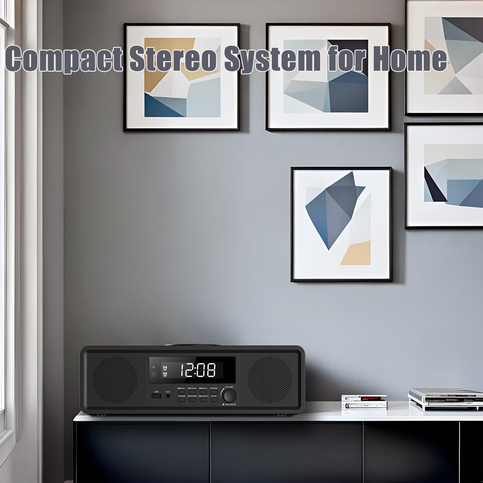 Compact Stereo System with CD Player, Bluetooth, Dual Alarms Clock, FM Radio, 20W RMS Clear Sound, USB/AUX Input, Snooze & Sleep Timer, Remote Control - for Home and Bedroom