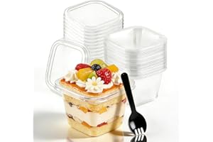 100 Pack 12 OZ Square Plastic Dessert Cups with Lids & Sporks, Disposable Plastic Yogurt Parfait Cups for Cupcake Mousse Yogu